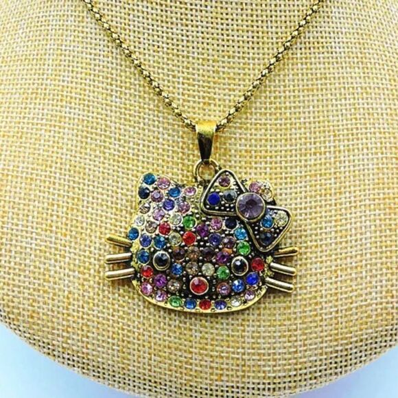 Fashion Crystal Multi-Color Little Cat Head Chain Necklace NWOT - Picture 1 of 3